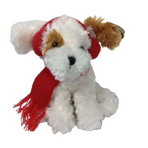 Bearington Collection Chilly The Dog Plush  White & Brown Red Scarf Ear Muffs